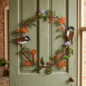 Corona decorativa de metal hecha a mano con pájaros y flores, estilo rústico, sin iluminación, paquete de una sola pieza - Product Image 4