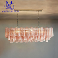 Lustre linéaire double niveau en verre côtelé rose, style médiéval français, luxe léger, pour villa, salle à manger, îlot de cuisine