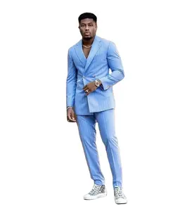 फैशन डिजाइन हल्के नीले रंग पिन धारी 2 टुकड़े सूट सड़क प्रोम ब्लेजर्स नोकदार अंचल पुरुषों स्लिम फिट Tuxedos आदमी सूट
