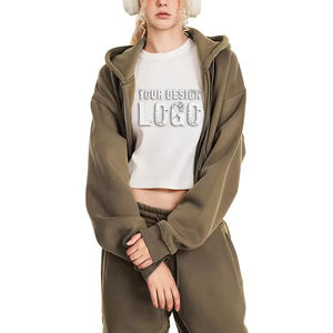 Sweat à capuche pour femme avec logo personnalisé, couleur unie vintage, fermeture éclair, mode décontractée, épaules tombantes, ample, épais, style « spicy girl », sweat à capuche court - Product Image 3