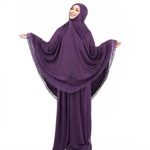 Customized traditional islamic shawl hijab khimar skirt set lace embroidery prayer modesty hijab robe dress set for muslim women