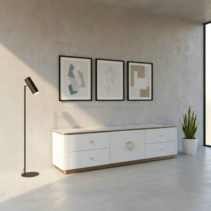 Nouveauté Meuble <span class=keywords><strong>TV</strong></span> moderne avec base en acier doré, cadre en bois blanc et plateau en pierre frittée pour salon, atelier - Product Image 4