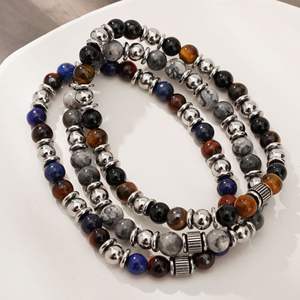 패션 스테인레스 스틸 호랑이 눈 지도 돌 청금석 페르시 탄성 수제 조정 팔찌 유행 보석 남자 - Product Image 1