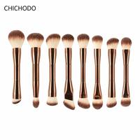 Pinceau de maquillage double embout de luxe avec manche métallique pour fond de teint liquide, blush et contouring, personnalisable avec logo, pour estomper et uniformiser le teint