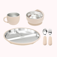 Juego de Vajilla Infantil Sostenible Libre de BPA, Plato de Acero Inoxidable, Taza de Silicona para Snacks y Juego de Tenedores con Diseño de Dibujos Animados, Apto para Lavavajillas