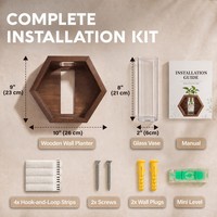 Vente en gros de jardinières murales hexagonales en bois foncé avec vase en verre, propagation hydroponique, OEM ODM, décoration murale miniature personnalisée