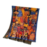 Selendang Rajut Jacquard Gaya Artistik Vintage Motif Kucing, Besar, Bolak-Balik, Berumbai, Hangat, Cocok untuk Musim Gugur dan Dingin, Ruangan Ber-AC, Wanita