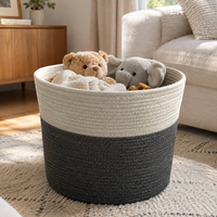 Panier à linge rond en corde de coton bicolore style nordique, grand format, avec poignées intégrées, pour vêtements, couvertures, serviettes, rangement de chambre d'enfant