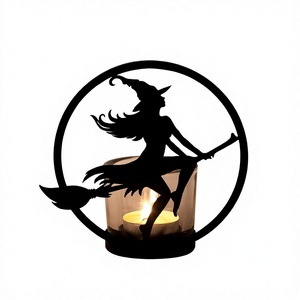 Support de bougie chauffe-plat en métal fer forgé, motif sorcière montant sur une balai, couleur noire, pour décorations d'Halloween à la maison - Product Image 1