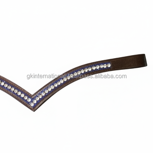 Haute qualité nouvelle conception personnalisée en forme de V en cuir anglais véritable bande de front de cheval décorée de cristaux bleus et argentés Mega Bling - Product Image 1