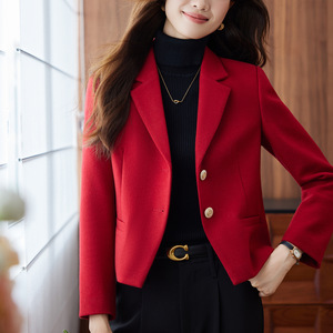 Red Women's Blazer Solid Color Polyester Worsted Anti-Wrinkle Spring Autumn Short Fit - Product Image 1