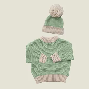 Christmas Baby Hand Knit Color Block Sweater Set Chunky Knit Jumper Cotton Pom Hat Two Pieces Lounge Wear Toddlers Little Girls