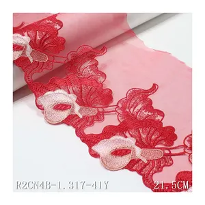 ผ้า Tulle สีแดงฝรั่งเศสสำหรับชุดวัสดุโพลีเอสเตอร์22ซม. 3D ดอกไม้ใหญ่เย็บปักถักร้อยลูกไม้ตัด