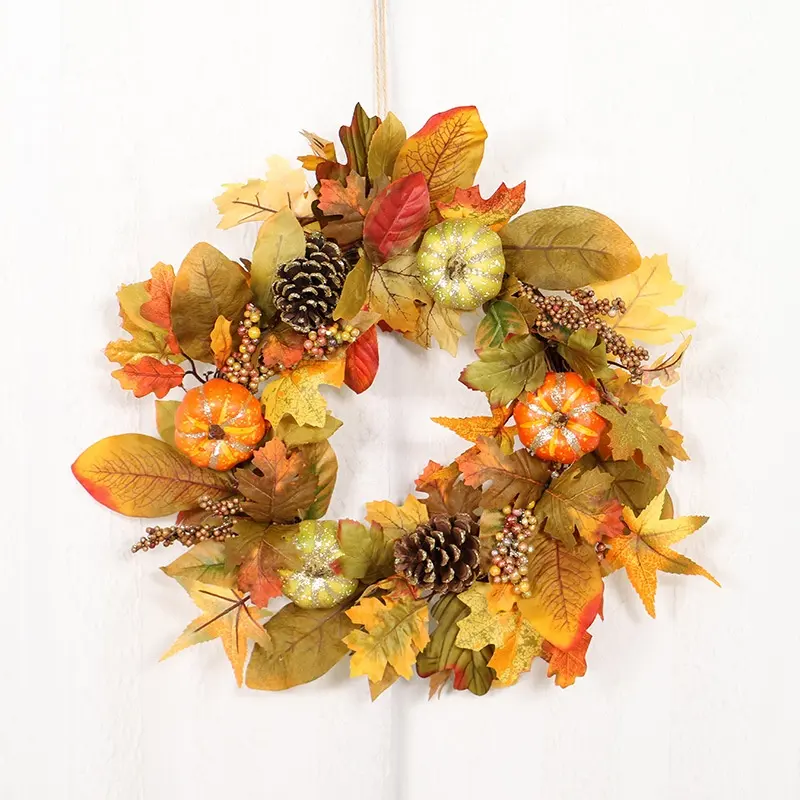 K-137 Thanksgiving automne couronne fil d'or citrouille or poudre pin cône couronne en gros maison feuille d'érable décorative
