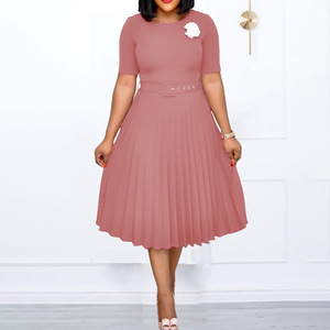<b>Plus</b> <b>Size</b> Women's Round Neck Pleated Midi Dress With <b>Belt</b> Leisure Wear - Product Image 4