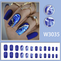 Faux ongles à presser de longueur moyenne, détachables, motif marbre, style français, forme cercueil, en ABS, 24 pièces, réutilisables, durables, pour salon