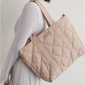 Oem Odm Quilted Nylon <b>Tote</b> Bag 15.6inch Large Capacity <b>Zipper</b> Closure Portable Fashion Lady Daily Travel Shoulder Bag - Product Image 3