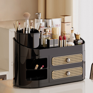 Cosmetic Storage Box Desktop Multi Layer Skincare Organizer With Drawers Lattice Design Retro Black White Makeup Organizer - Product Image 1