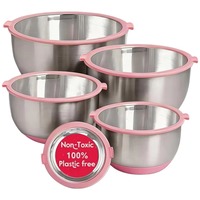 Ensemble de bols mélangeurs en acier inoxydable 304 avec couvercle en verre trempé, base en silicone antidérapante, empilables, sans BPA, pour les fêtes et la cuisine