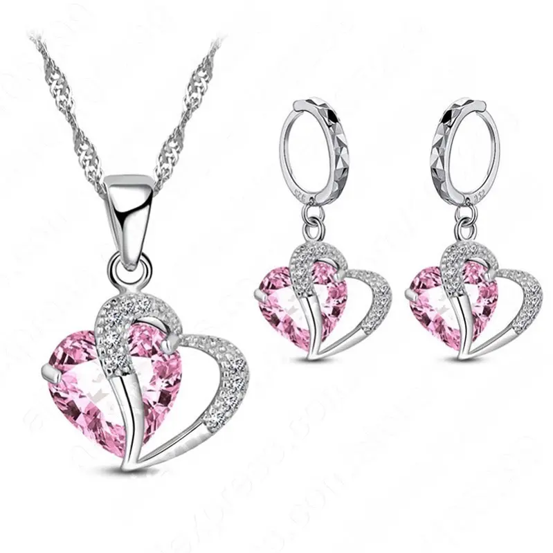 Wholesale New Luxury Women Silver Cubic Zircon Necklace Pendant Earrings Sets Jewelry Wedding Heart Design Bridal Jewelry Sets