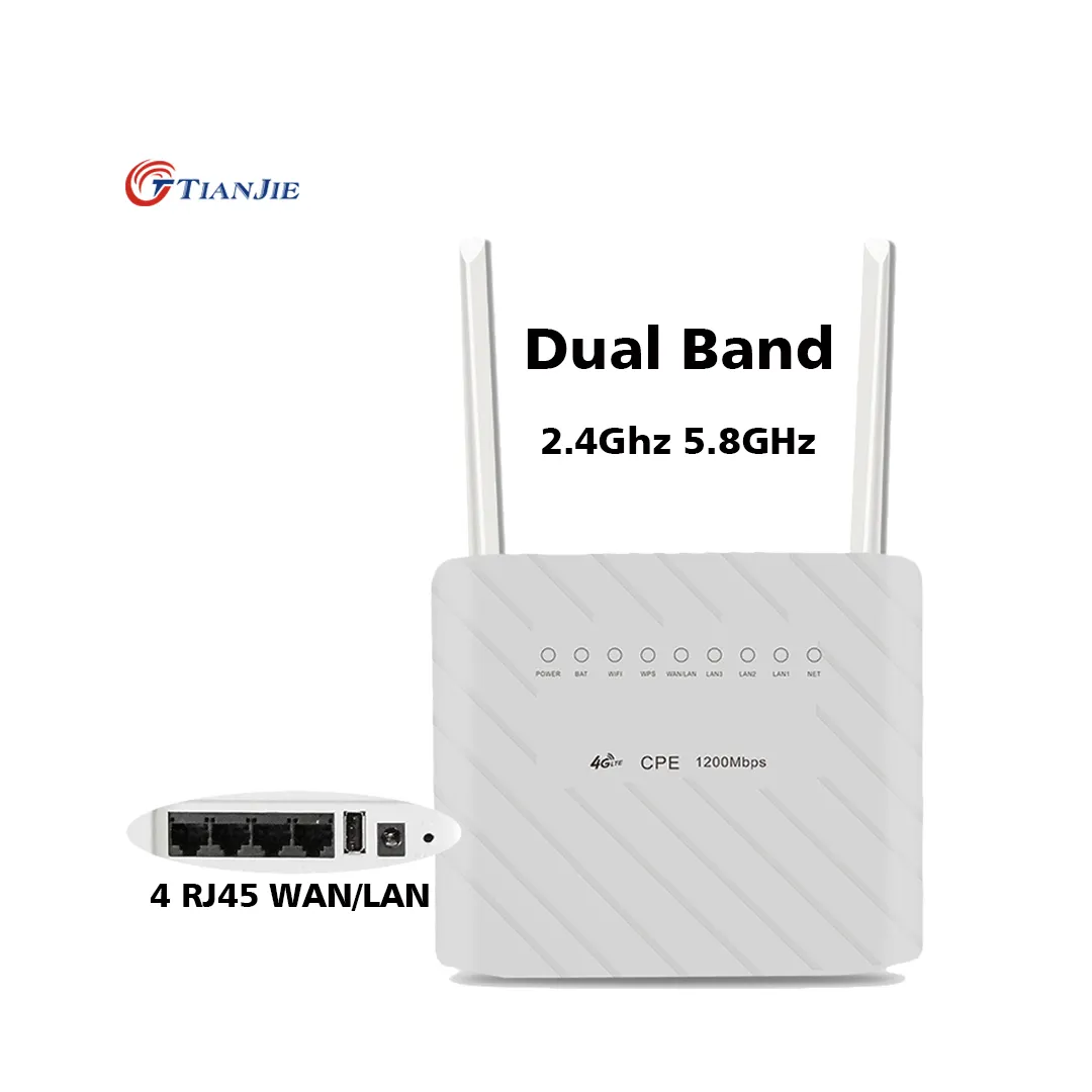 1200Mbps 2.4Ghz 5.8Ghz Dual Band Wireless 4G Router Wifi Cat6 6000Mah Battery Wifi Up 100 Users 4 Rj45 Wan/Lan With Simcard Slot