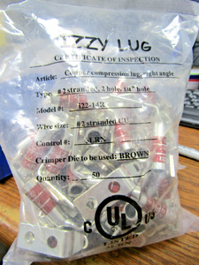 Plc 50) <strong>Izzy</strong> I22-14r Brown Copper Lug 90. 2 Hole, 1/4" #2 Stranded Bag of 50 Warranty Product - Product Image 1