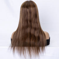 Topper en dentelle à nœuds simples, cheveux vierges européens Remy, couleur personnalisable marron balayage, base en soie, texture naturelle droite, longueur moyenne