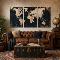 Impression sur toile encadrée en 3 parties, carte du monde noire vintage, art mural rétro globe pour la décoration du bureau, du salon ou de la salle d'étude