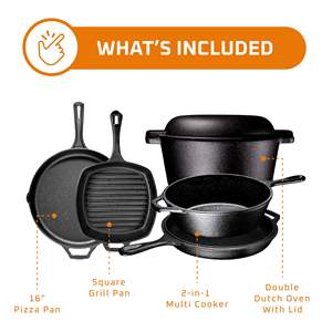 Set di pentole e padelle Pre-stagionate 6 pezzi doppio forno olandese Crockpot in ghisa e padella quadrata con coperchio pentole da esterno - Product Image 2
