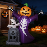 Décoration de jardin gonflable d'Halloween de 1,80 m avec tête de citrouille, squelette lumineux à LED, pierre tombale et accessoires de fête pour cimetière