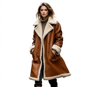 <b>Women's</b> <b>Brown</b> Long Shearling long <b>jacket</b> Double Breasted Genuine Leather Fur Lined Winter <b>Jacket</b> Winter Warm Double Breasted - Product Image 6