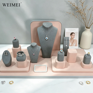 WEIMEI Luxury Gray Velvet Pink <b>Necklace</b> Bust <b>Ring</b> Earring Bracelet Stand Retail Window Boutique Jewelry Counter Display Set - Product Image 1