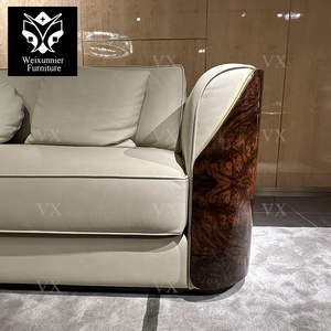 Moderno lussuoso divano componibile in pelle <span class=keywords><strong>Beige</strong></span> 321 con caratteristica allungabile impiallacciatura di legno <span class=keywords><strong>marrone</strong></span> per Villa soggiorno Hotel Lobby - Product Image 4