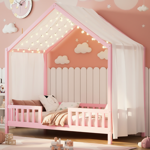 <span class=keywords><strong>Lit</strong></span> double pour tout-petits en forme de maison, <span class=keywords><strong>lit</strong></span> Montessori rose au sol avec baldaquin, adapté pour la chambre d'enfant, la crèche et la salle de jeux - Product Image 1