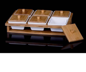 Porcelain Breakfast Set with 6 Stand and Lid <strong>Square</strong> <strong>Dessert</strong> Bowl 6 Grid Ceramic Bowl with Wooden <strong>Tray</strong> OEM - Product Image 4