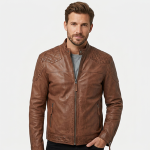 Chaqueta de cuero genuino para hombre, estilo Cafe Racer, color marrón vintage, chaqueta de motociclista con hombros acolchados, corte ajustado, con cremallera, prenda exterior. - Product Image 1