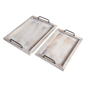 Set di 2 paese rustico colonica decorazione che serve piatti di nidificazione che servono vassoi vassoio di <span class=keywords><strong>legno</strong></span> con manici in metallo - Product Image 2