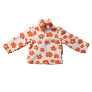Yeni varış butik çocuk kız giyim çiçek desen peluş kumaş fermuarlı ceket Sherpa kazak Tops