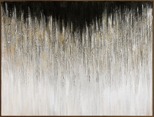 Quadro Moderno Astratto con Design Scintillante, Pittura Murale Gradiente Nera Bianca Oro, Texture a Goccia, Tela con Cornice in Legno e Lamina d'Oro - Product Image 2
