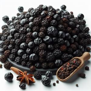 Granos de pimienta negra en cuchara de madera sobre fondo negro para condimentar en la cocina - Product Image 5