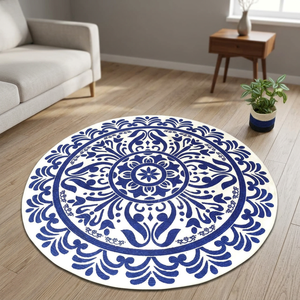 <b>Round</b> Bohemian Medallion Area Jute <b>Rug</b> Blue <b>White</b> Pattern Non-Slip Rubber Backing Living Room Floor Mat Made in Bangladesh - Product Image 4