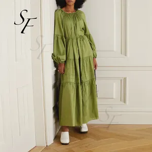 Custom Oversized Romantic Puffed Sleeves Belted Tiered Organic Cotton And Silk Blend Casual Maxi Dress with belt