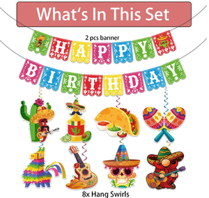Tema mexicano niños cumpleaños fiesta telón de fondo Feliz cumpleaños hueco Banner banderas banderines calavera Taco Cactus piñata Foil remolinos Decoración - Product Image 6