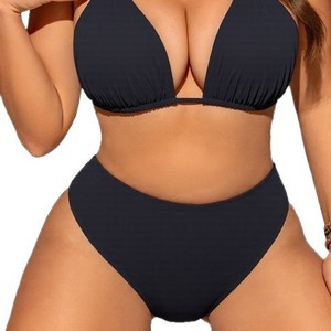 Ensemble de bikini noir froncé à dos nu pour femme, maillot de bain uni taille haute en Spandex et Polyester extensible, tenue de plage - Product Image 2