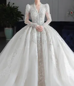 Long Sleeve Ball gown Autumn/Winter Wedding Gown Glitter V-neck Arab Wedding Dress