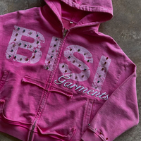 100% Baumwolle Street Wear Hoodies Custom Print Gesticktes Logo Sweatshirt Acid Wash Distressed Strass Herren Zip Up Hoodie