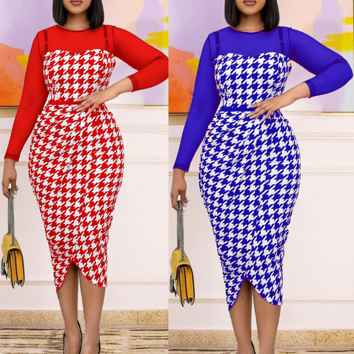 Latest Design African Women's Plus Size Office Dress Fashion Printed Long  Mesh Sleeve Career Dress