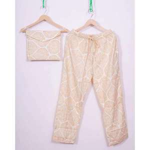 Ensemble de pyjama pour femme en coton tissé à motifs floraux ethniques, col en V, taille élastique, imprimé à la main, respirant, léger, robe d'automne - Product Image 4