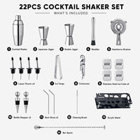 Kit de barman personnalisé ODM OEM avec logo, 22 pièces, shaker à cocktails de 700 ml, outils de bar en acier inoxydable avec support d'affichage en acrylique