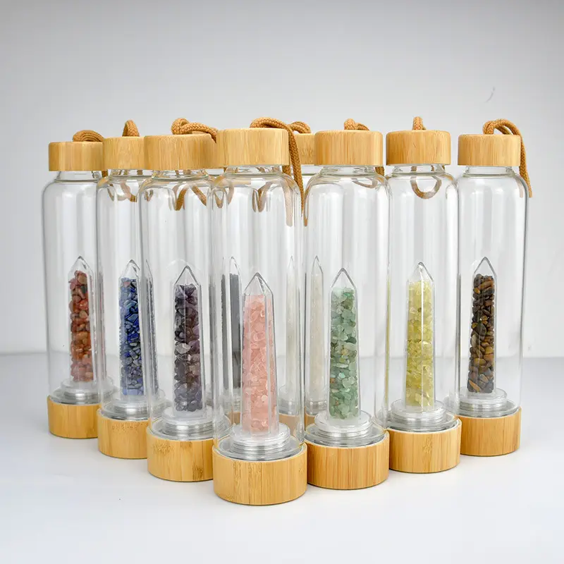 Natuurlijke Healing Edelsteen Glas Drinkwater Fles Bamboe Deksel Crystal Doordrenkt Water Fles